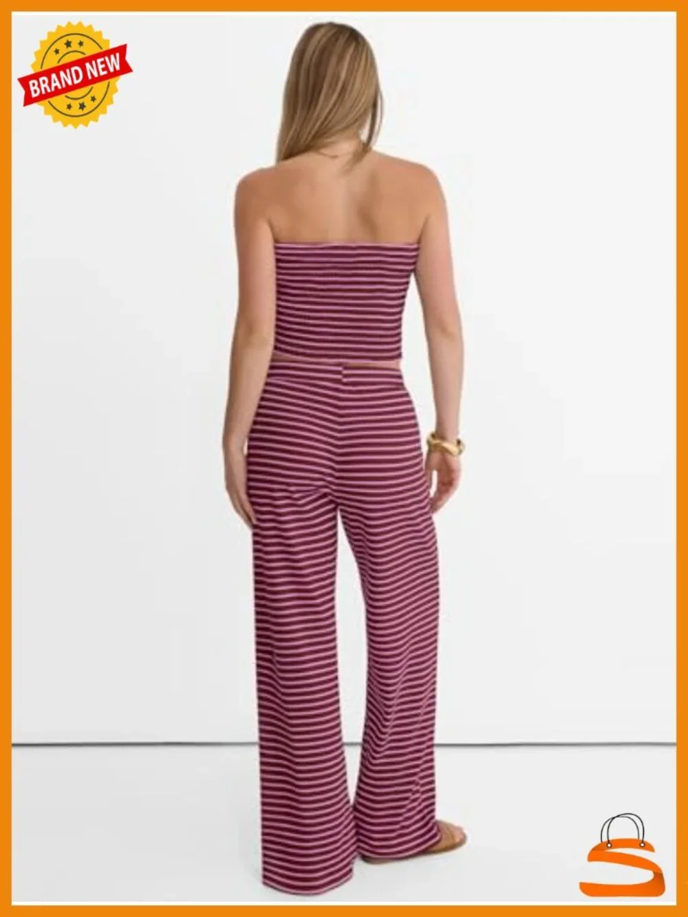 Women 2 Piece Sets Summer Striped Matching Tube Top Wide Leg Lounge Pants